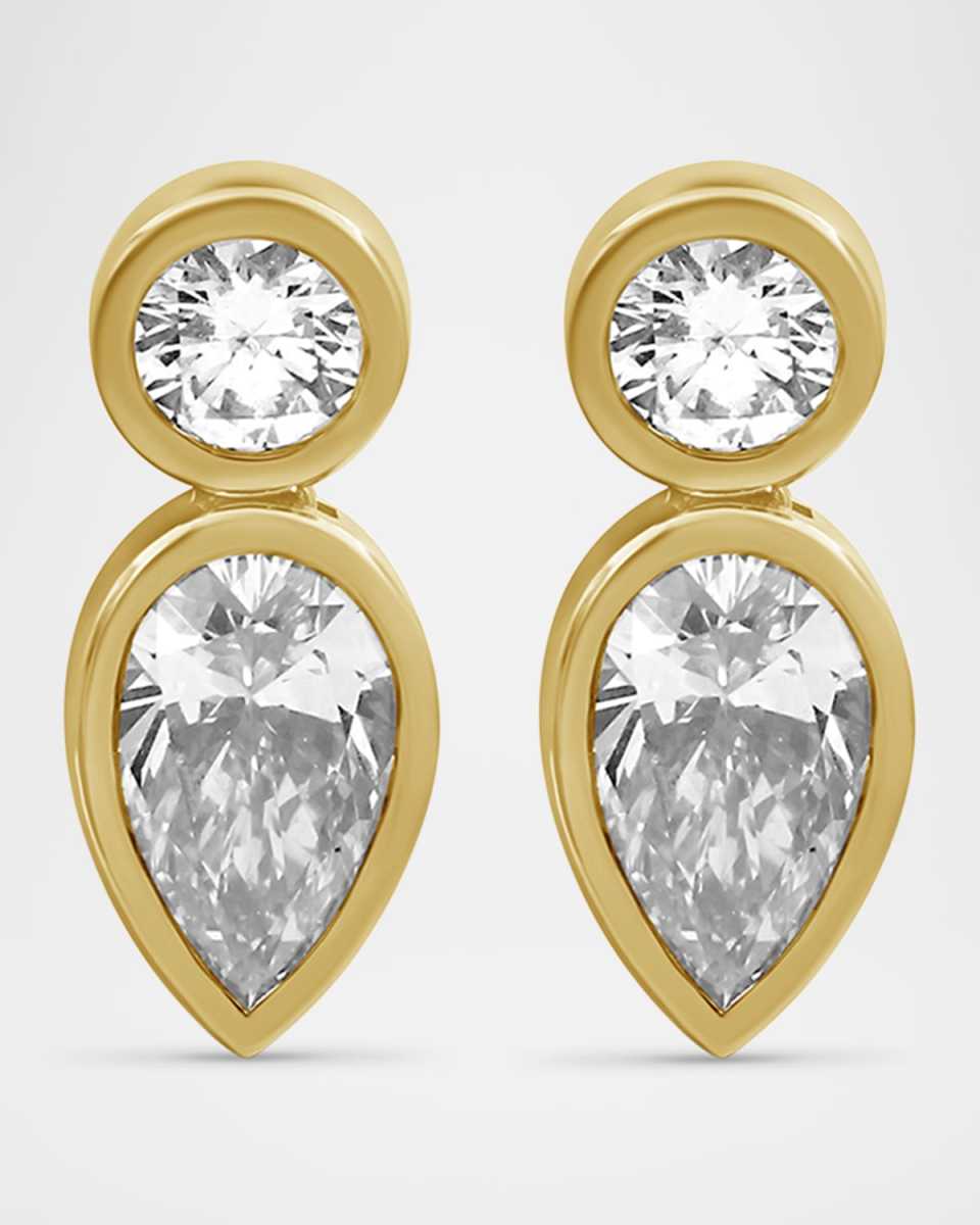 Pear and Round Lab Grown Diamond 18K Yellow Gold Bezel Earrings